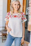Floral Neck Short Sleeve Striped T-shirt