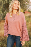 Pink Lace Patchwork Waffle Knit Balloon Sleeve Blouse