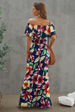 Turquoise Roses Print Off-the-shoulder Maxi Dress