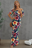 Turquoise Roses Print Off-the-shoulder Maxi Dress