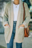 Green Ribbed Striped Open Front Cardigan with Pockets