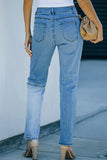 Sky Blue Colorblock Patchwork Ripped Hole Crop Straight Jeans