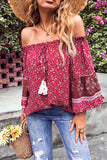 Red Boho Off-shoulder Floral Print Blouse