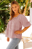 Pink Puff Sleeve Eyelet Babydoll Blouse