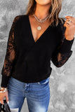 Sexy V Neck Surplice Hollow-out Sweater with Lace Sleeves
