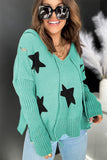 Green V Neck Star Pattern Hooded Sweater with Slits