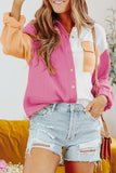 Rose Color Block Textured Long Sleeve Shirt with Pocket