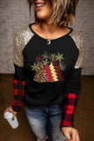 Christmas Tree Graphic Sequin Plaid Long Sleeve Top