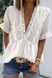 Ruffled V Neck Frill Hem Swiss Dot Blouse