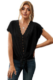 V Neck Lace Patchwork Tee with Knot