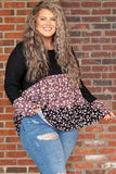 Floral Pattern Color Block Plus Size Pullover Top