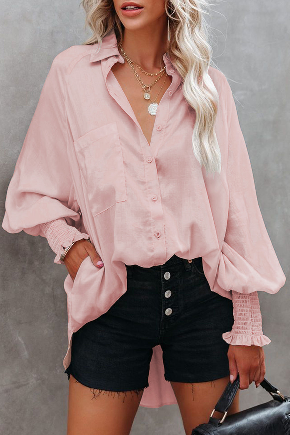 Pink Billowy Sleeves Pocketed Shirt