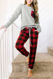 Plaid Drawstring Loungewear Set with Pocket