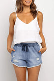 Elastic Waist Distressed Raw Hem Denim Shorts