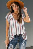 Striped Print Loose V Neck Short Sleeve Top