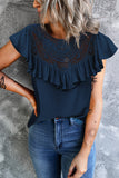 Navy Lace Splicing Ruffled Short Sleeve T-shirt