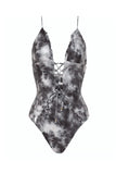 Multicolor Tie Dye Lace Up Front Plunging V One Piece Swimsuit