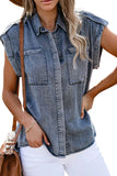 Rolled Sleeve Buttoned Denim Shirt with Pocket