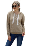 Kangaroo Pocket Button Lace Drawstring Hooded Pullover Sweater