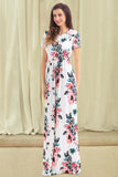 Pocket Design Short Sleeve White Floral Maxi Dress