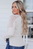 Lace Contrast V Neck Ribbed Long Sleeve Top