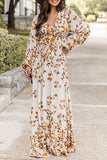 Leaf Print V Neck Puff Sleeve Maxi Dress