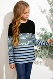 Camo Striped Color Block Girl's Crewneck Long Sleeve Top