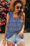 Sky Blue Floral Ruffled Straps Flowy Tank Top