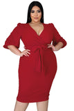 Plus Size Puff Sleeve Wrap V Neck Midi Dress