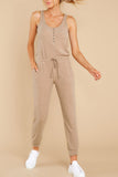 Khaki Sleeveless Buttons Pocket Tie Waist Jumpsuit