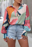 color Abstract Print Cuffed Sleeve Shirt