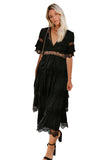 Swiss Dot Print See-through Lace Patch Layered Long Dress