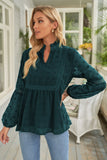 Ruffled Split Neck Lace Hollow Out Puff Sleeve Polka Dot Blouse