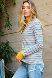 Striped Knit Button Neck Long Sleeve Top