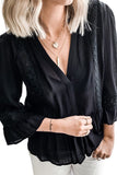 Lace Ruffed 3/4 Sleeve V Neck Shirt