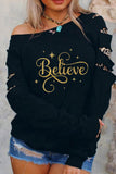 Believe Glitter Print Leopard Patchwork Pullover Sweatshirt