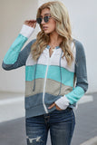 Sky Blue Zipped Front Colorblock Hollow-out Knit Hoodie