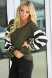 V Neck Leopard Stripe Splice Lantern Sleeve Top