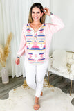 Pink Aztec Buttoned Split Neck Top