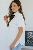 White Frilled High Neck Eyelet Pattern Puff Sleeve Top