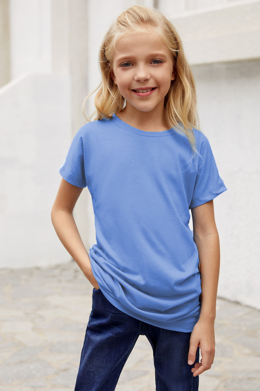 Side Button Detail Short Sleeve T Shirt for Little Girls