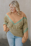 color Color Mixed Fringe Pullover Plus Size Sweater