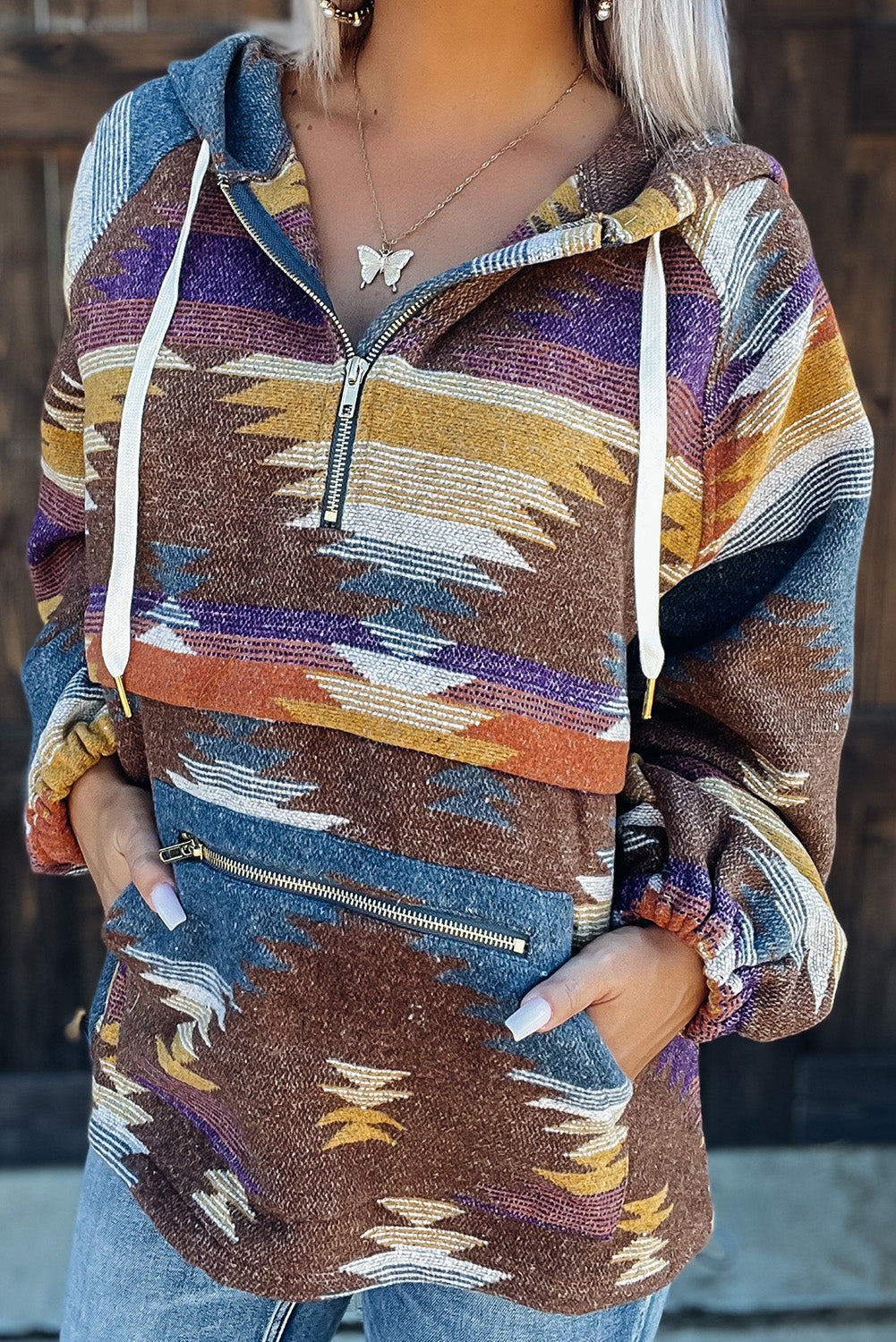 color Aztec Half Zip Hooded Sweatshirt with Pocket