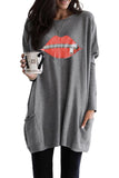 Oversize Zipped Red Lips Long Sleeve Top with Pockets