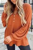 Buttoned V Neck Drop Shoulder Waffle Knit Top