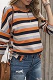 Multicolor Striped Drop Shoulder Loose Top with Slits