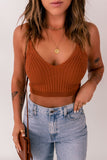 Brown Ribbed Spaghetti Strap Cropped Knitted Tank Top