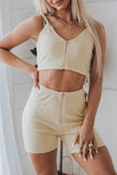 Beige Ribbed Knit Zip-up Crop Top and High Waist Shorts Two Piece Set