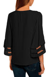V Lace Neckline 3/4 Bell Mesh Sleeves Blouse