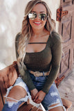 Olive Strappy Hollow-out Scoop Neck Long Sleeve Leopard Bodysuit